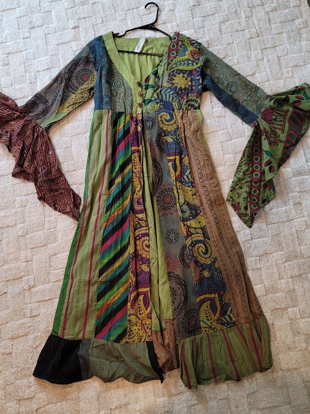 ARATTA 100% Cotton Patchwork Bohemian Bell Sleeve Duster Dress Green Size M / L